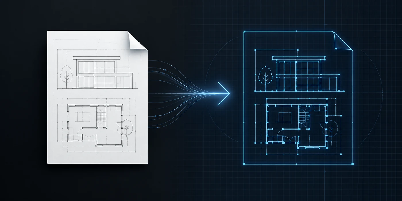 Architectural PDF drawing transforming into editable blue CAD geometry
