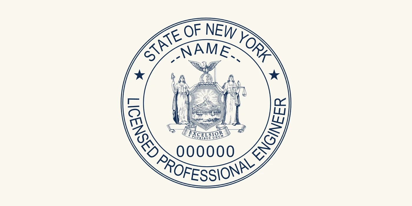 New York Professional Engineer license stamp example in navy on cream